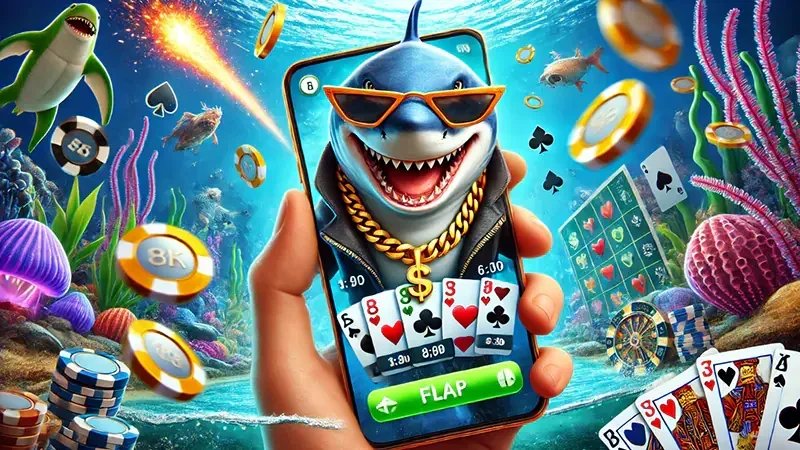 Tampilan permainan tembak ikan mobile dengan ikan berwarna di layar