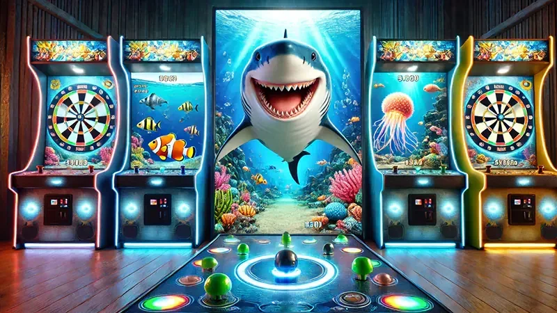 Adegan target ikan dan kendali meriam dalam permainan arcade bawah laut